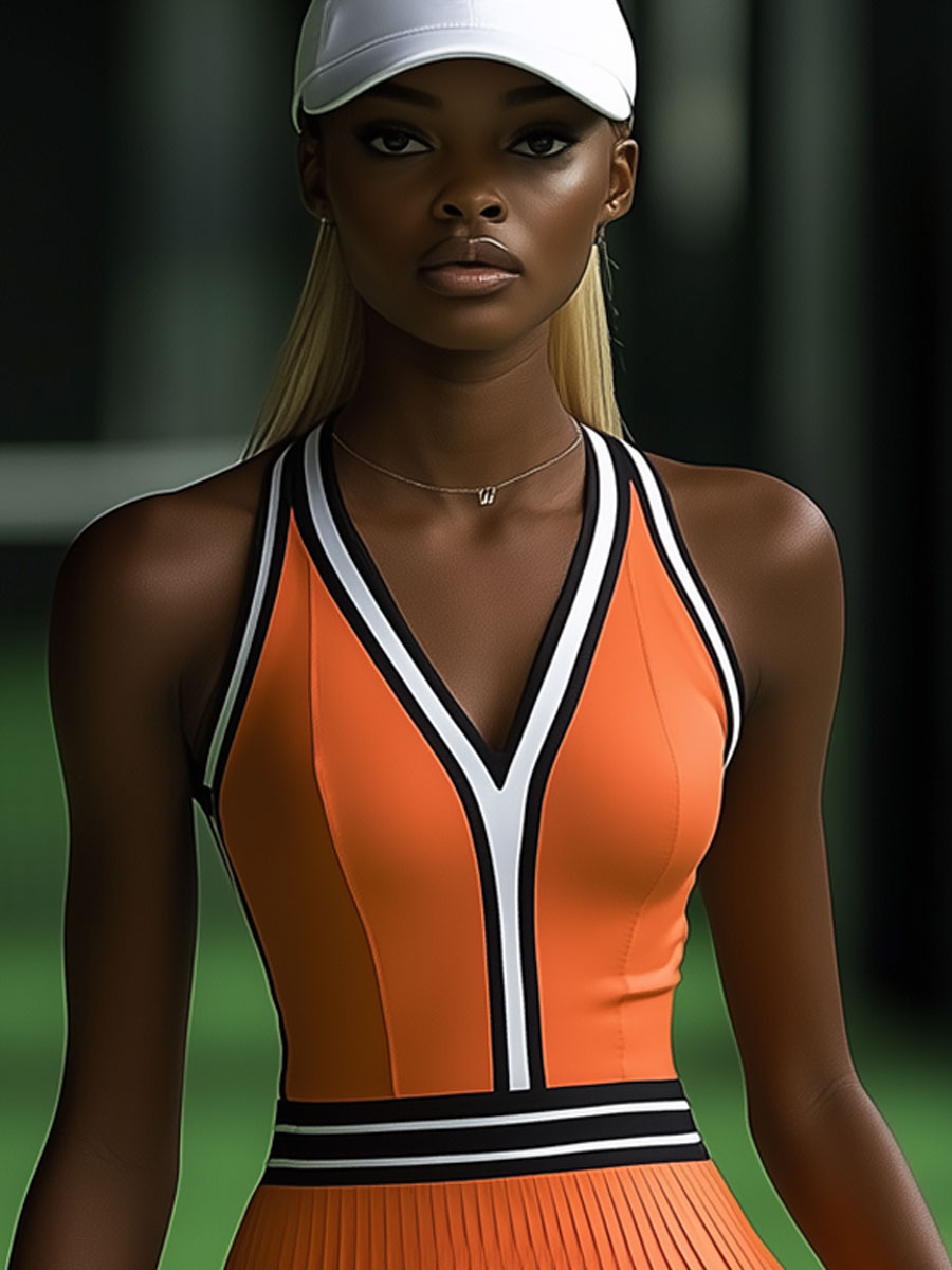 【Envío en 24 horas】Vestido mini plisado sin mangas naranja con ribete blanco y negro deportivo de moda