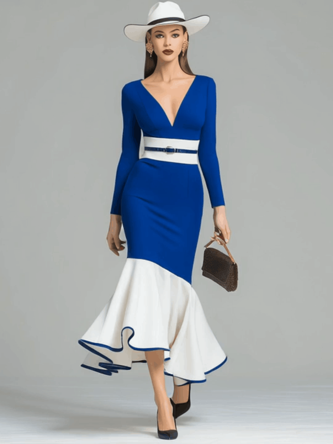 Elegant And Fashionable V-neck Long Sleeve Fishtail Hem Royal Blue And White Contrast Midi Dress