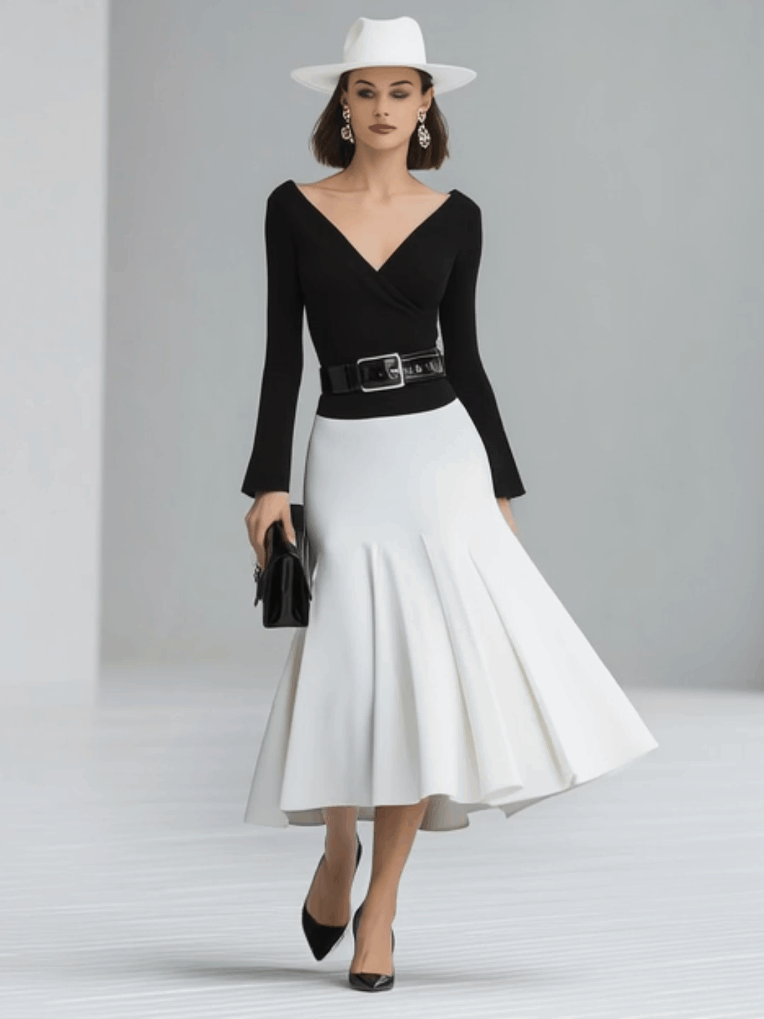 Elegant Classic Retro V-neck Long-sleeved Pleated Skirt Black And White Contrast Midi Dress
