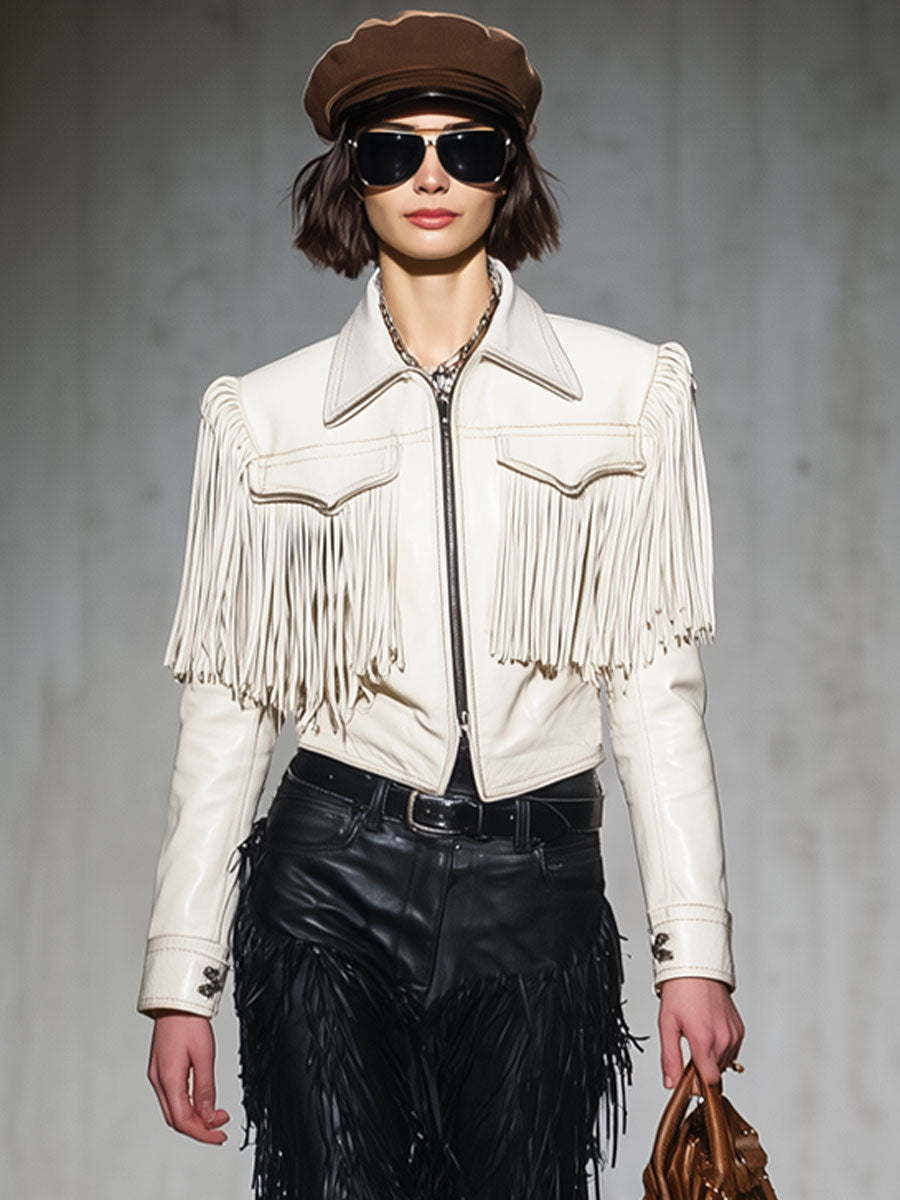 Casual Retro White Faux Leather Tassel Short Jacket