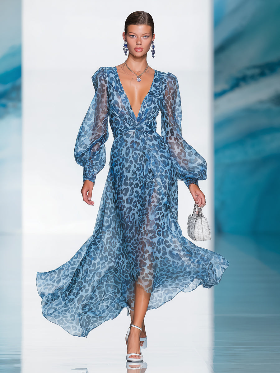 Elegant And Fashionable Chiffon Blue Leopard Print Long Sleeve V-neck Flowing Maxi Dress