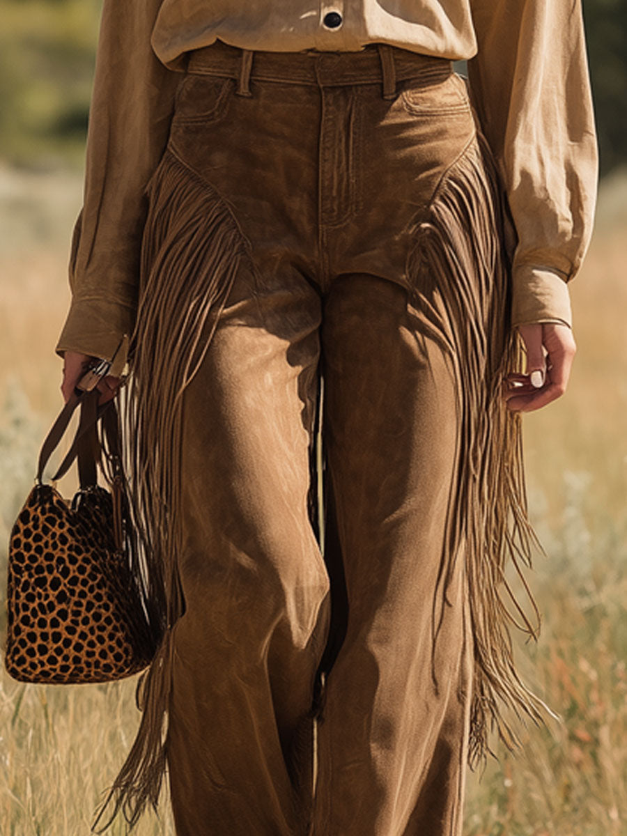 Vaqueros de pierna ancha con borlas estilo camel estilo western vintage