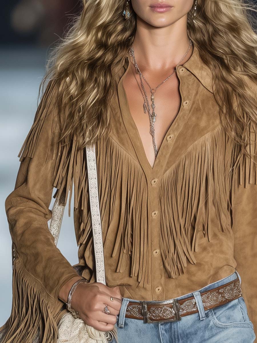 Casual Vintage Western Button Front Tassel Long Sleeve Light Brown Suede Shirt Top