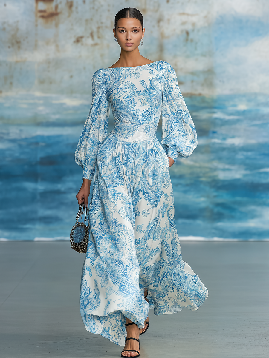 Elegant Retro Paisley Print Balloon Sleeve Maxi Dress