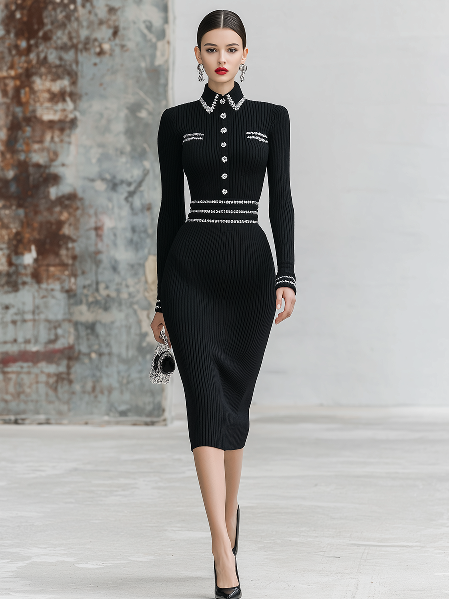 Elegant Vintage Contrast-trimmed Lapel Knitted Midi Dress
