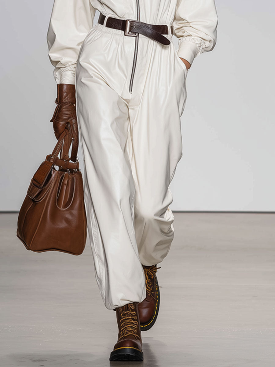 Casual Retro White Faux Leather Hooded Zip-Up Long-Sleeved Jumpsuit