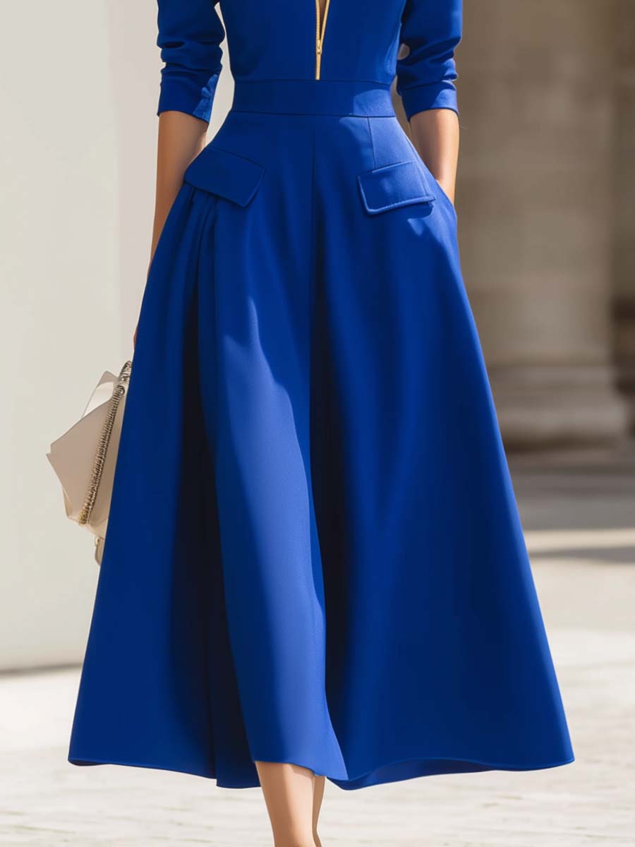 Elegant Classic Zipper V-neck Long-sleeved Royal Blue A-line Hem Midi Dress