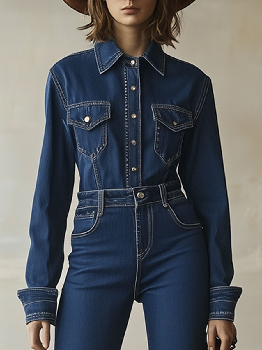 Casual Retro Dark Blue Denim Raw Edge Lace Long-Sleeved Jumpsuit