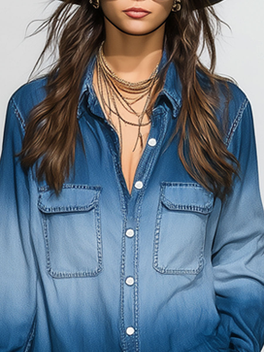 Casual Retro Gradient Blue Denim Long-Sleeved Shirt