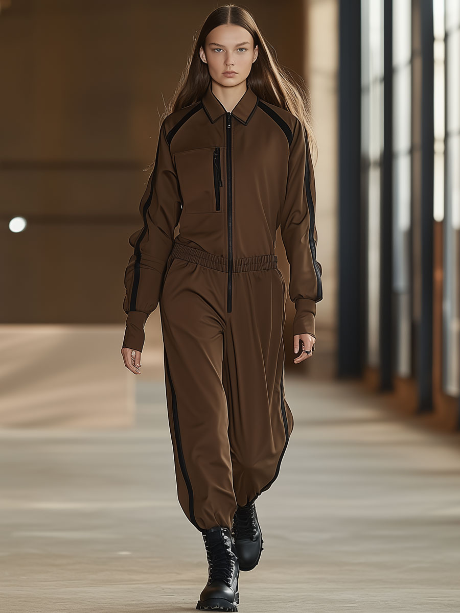 Casual Retro Black Trim Cocoa Brown Elastic Waist Jumpsuit