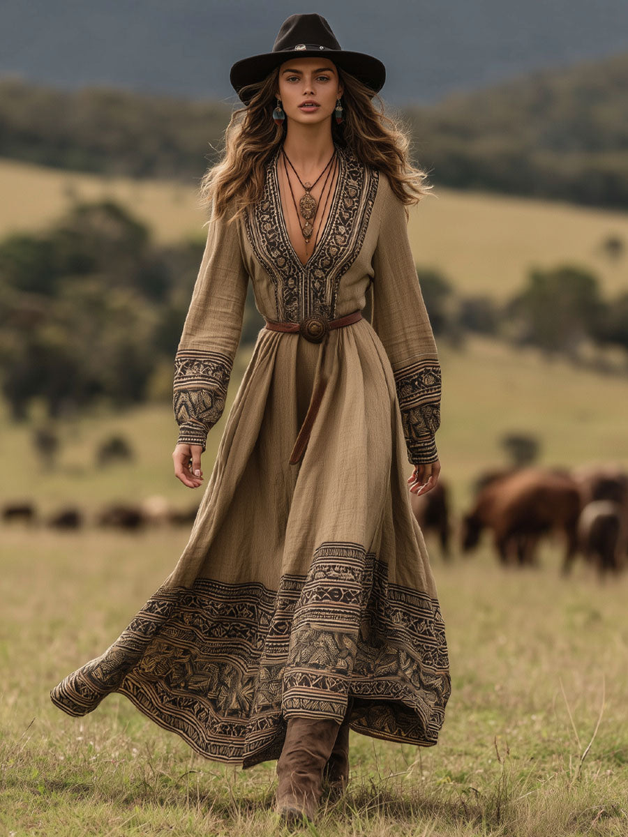 Vestido largo de algodón y lino con cuello en V y estampado geométrico retro estilo occidental