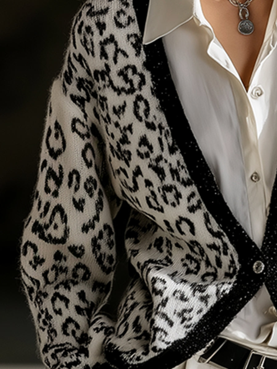 Casual And Fashionable White Leopard Print Button Cardigan