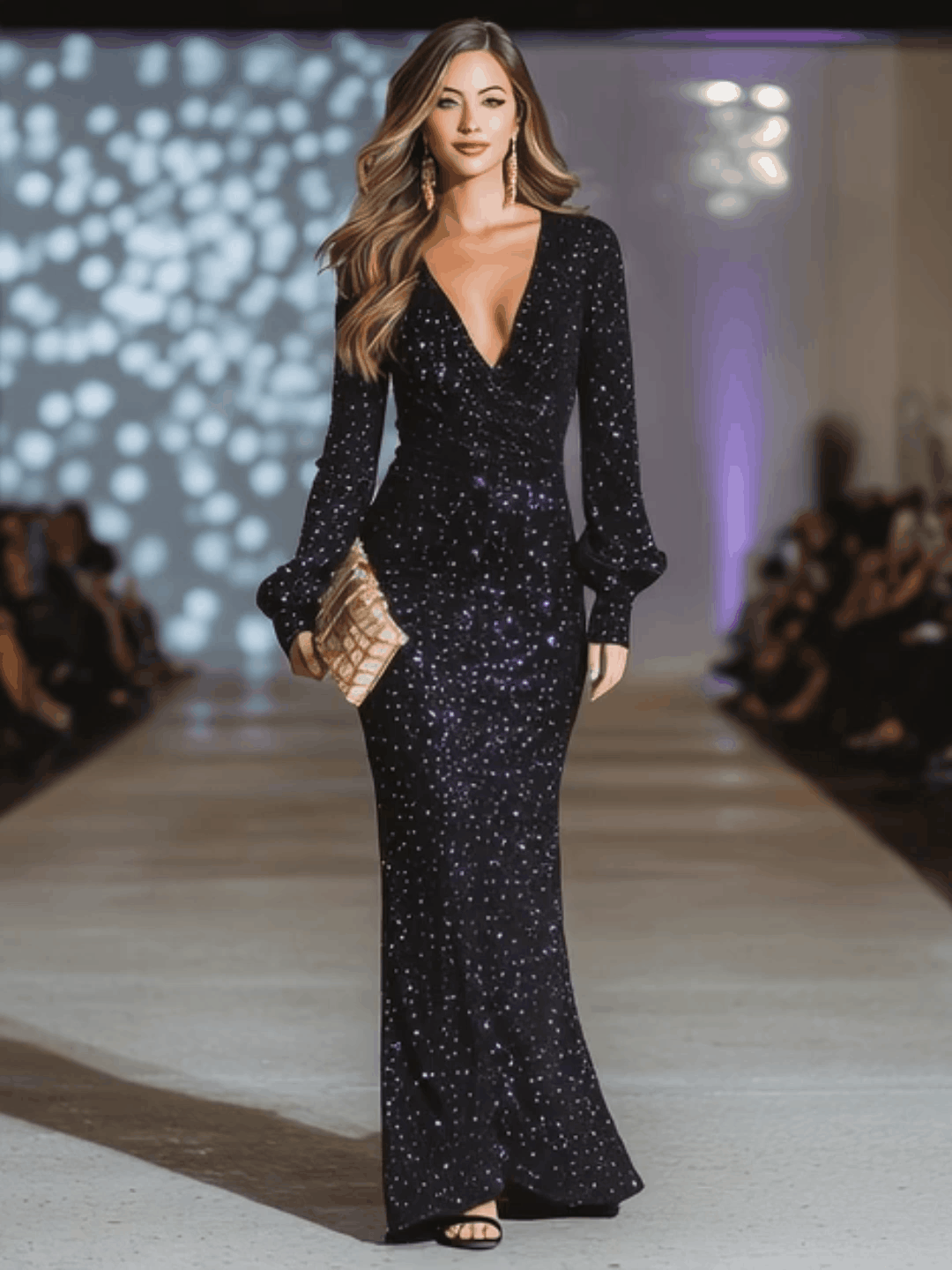 Elegant And Eye-catching V-neck Long-sleeved Purple Sequins Black Slit Maxi Dress