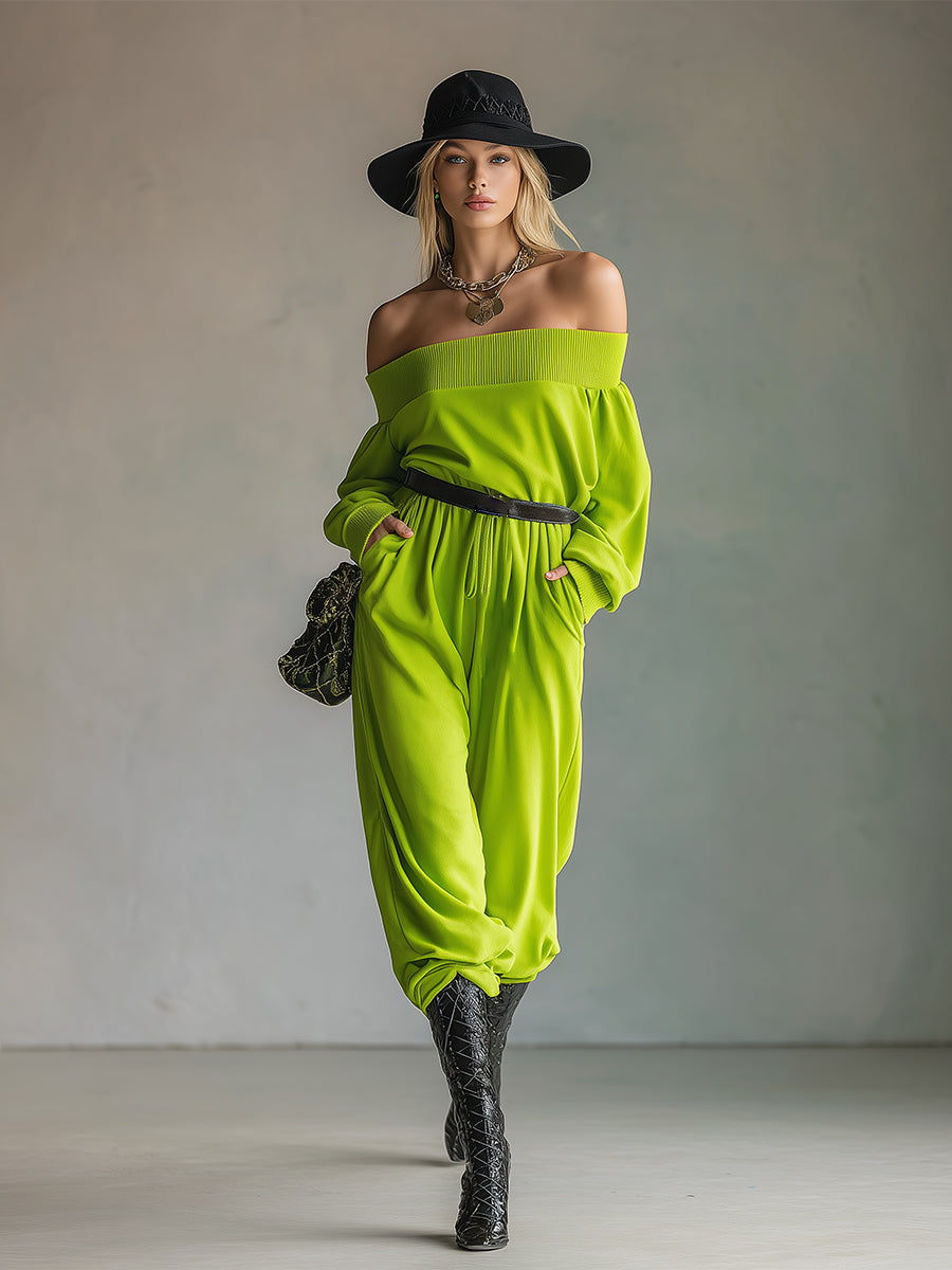 Casual Loose One-shoulder Fluorescent Green Sweatshirt Long-sleeved Jumpsuit