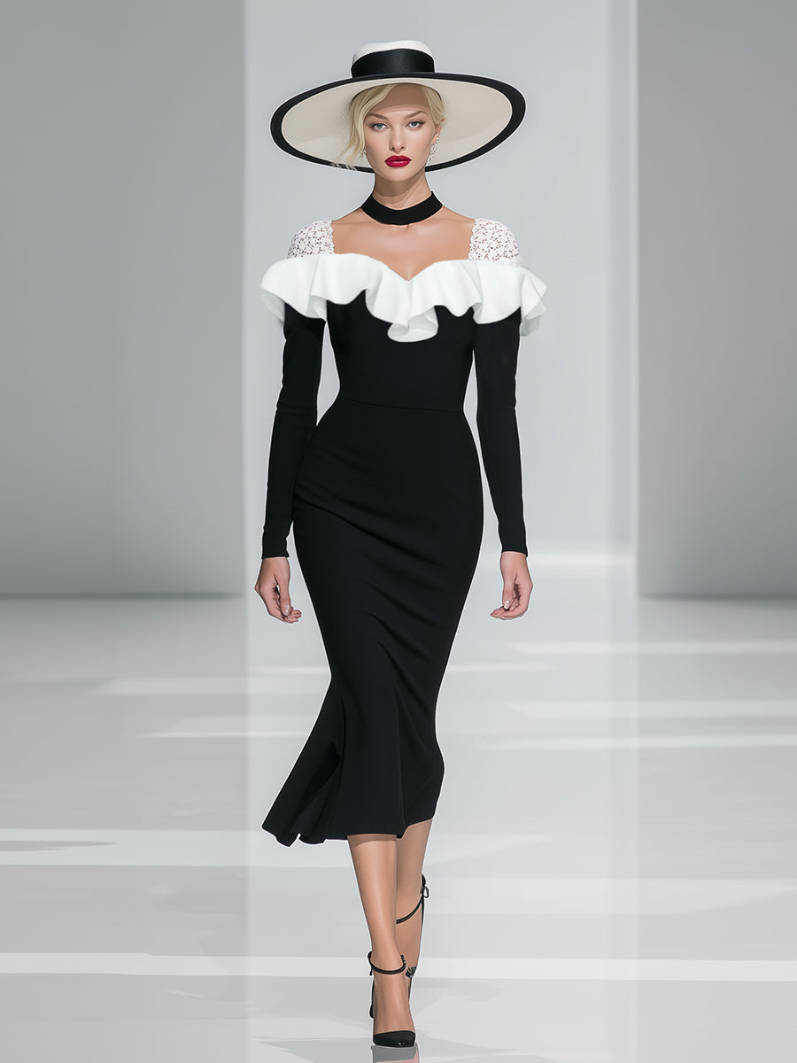 Elegant Classic Lace Shoulder Ruffle Black Fishtail Midi Dress