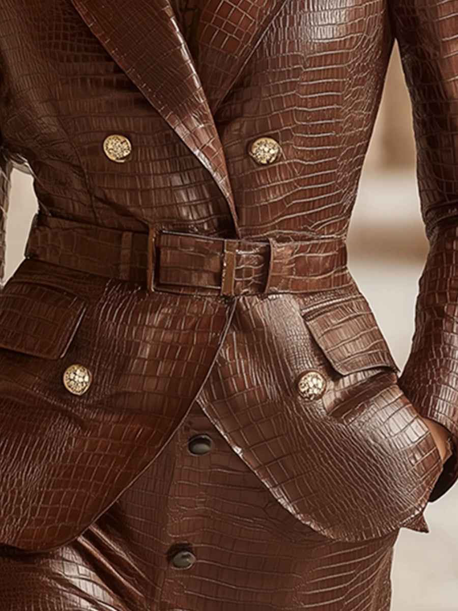 Elegant High-end Brown Crocodile-print Faux Leather Slim-fit Belted Suit Jacket