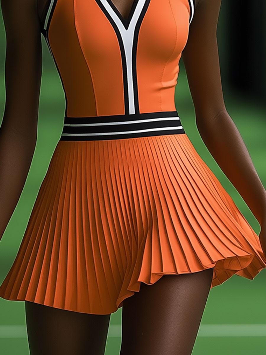 【Envío en 24 horas】Vestido mini plisado sin mangas naranja con ribete blanco y negro deportivo de moda