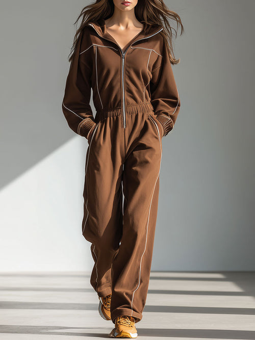Casual Retro White Trim Cocoa Brown Zipper Long-Sleeved Sports Jumpsuit