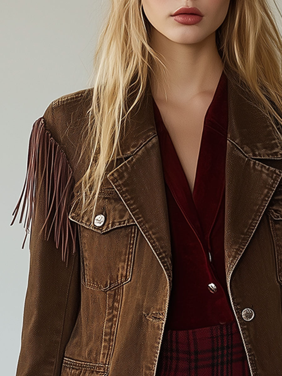 Chaqueta vaquera con borlas y múltiples bolsillos de color marrón cacao de estilo vintage occidental
