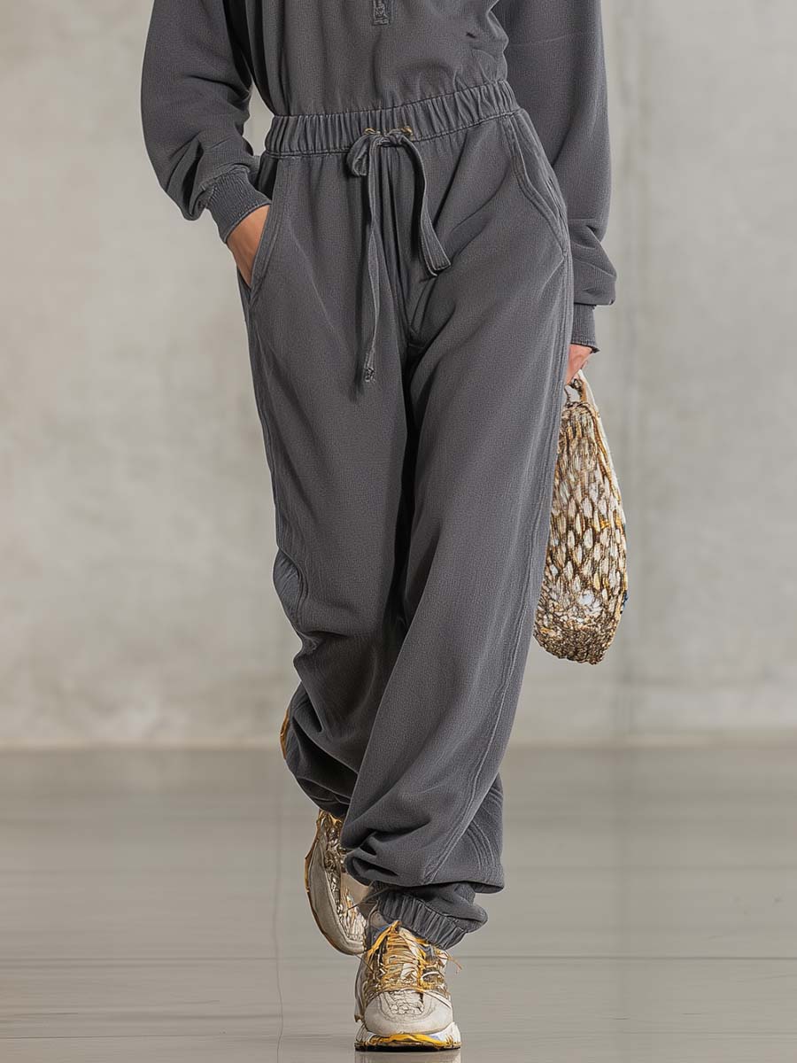 Casual Fashion Sports Sense Stand Collar Front Zipper Waist Elastic Loose Gray Jumpsuit