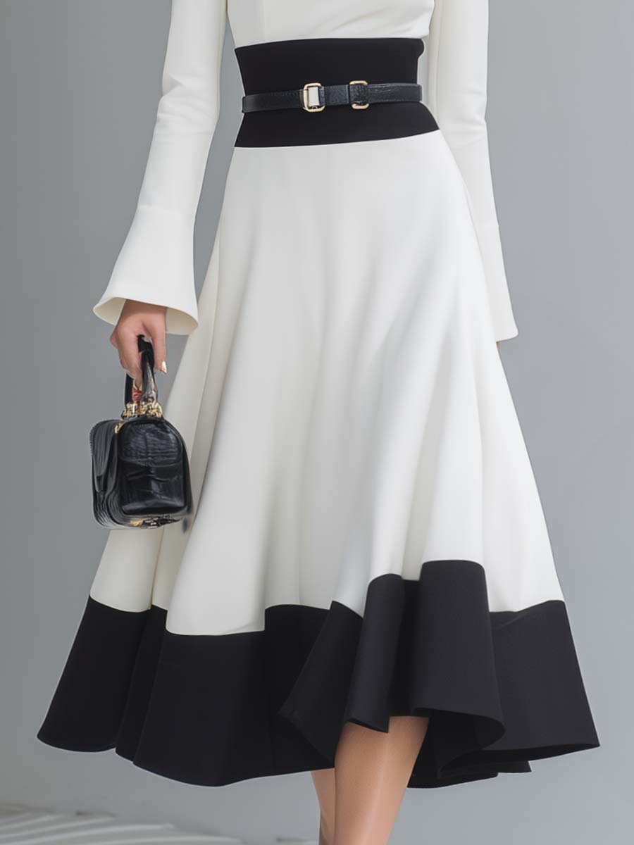 Elegant Classic V-neck Long-sleeved A-line Hem White And Black Contrast Midi Dress
