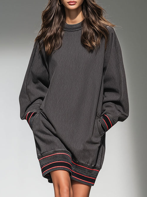 Casual Retro Web-edge Dark Gray Denim Crew Neck Sweatshirt Sports Mini Dress