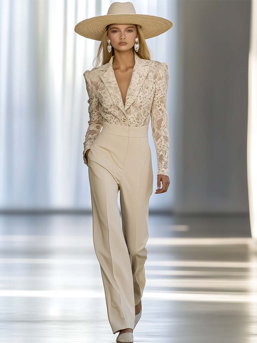 Elegant And Luxurious Ivory Beige Lace Patchwork Cotton Long-sleeved Jumpsuit