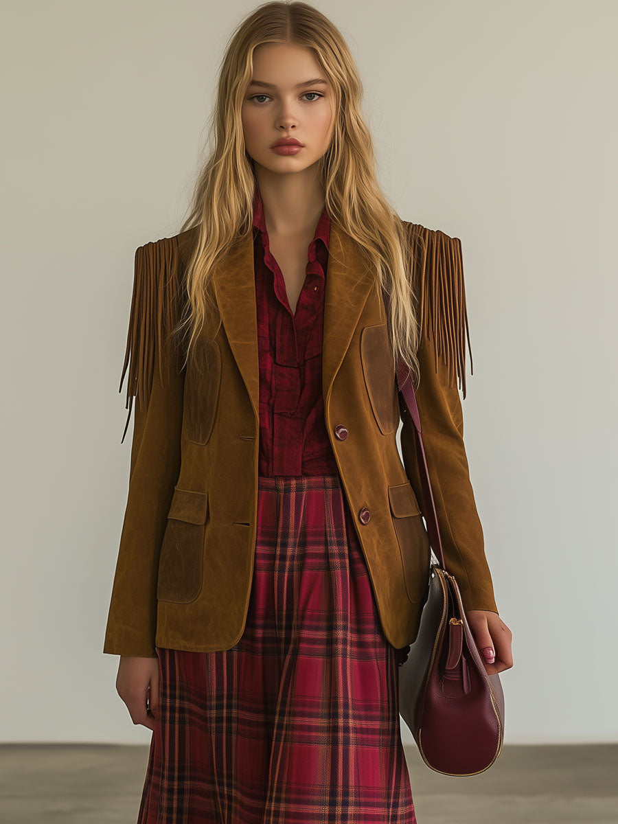 Blazer con borlas de ante camel estilo vintage estilo western