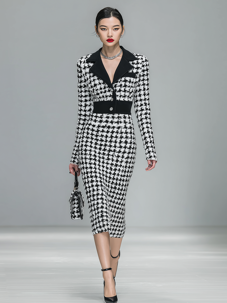 Classic Retro Houndstooth Lapel Long Sleeve Knitted Midi Dress