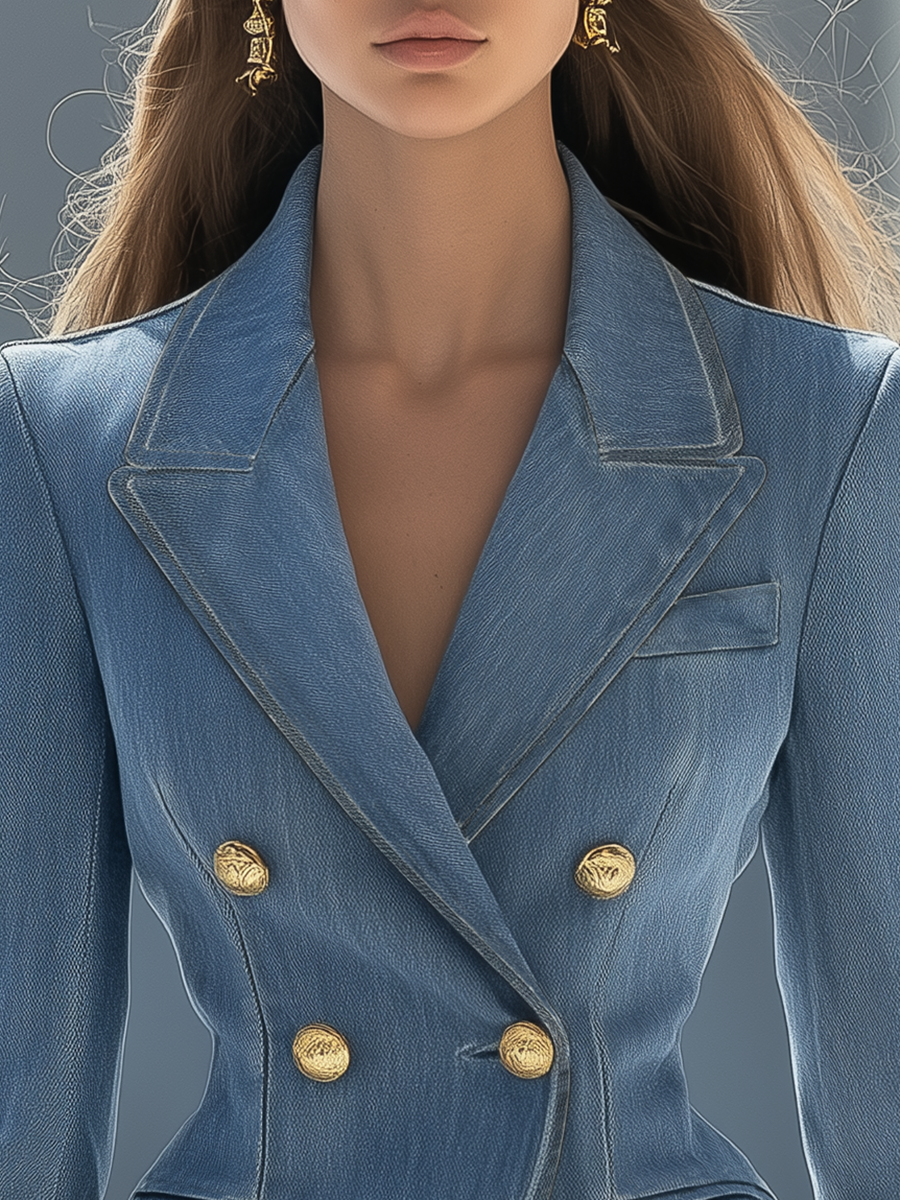 Elegant Vintage Notched Lapel Double-breasted Denim Blazer
