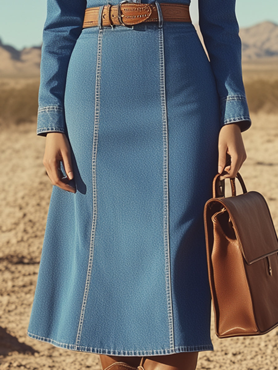 Fashion Denim Blue Long-sleeved Button-down Hip-hugging Midi Dress