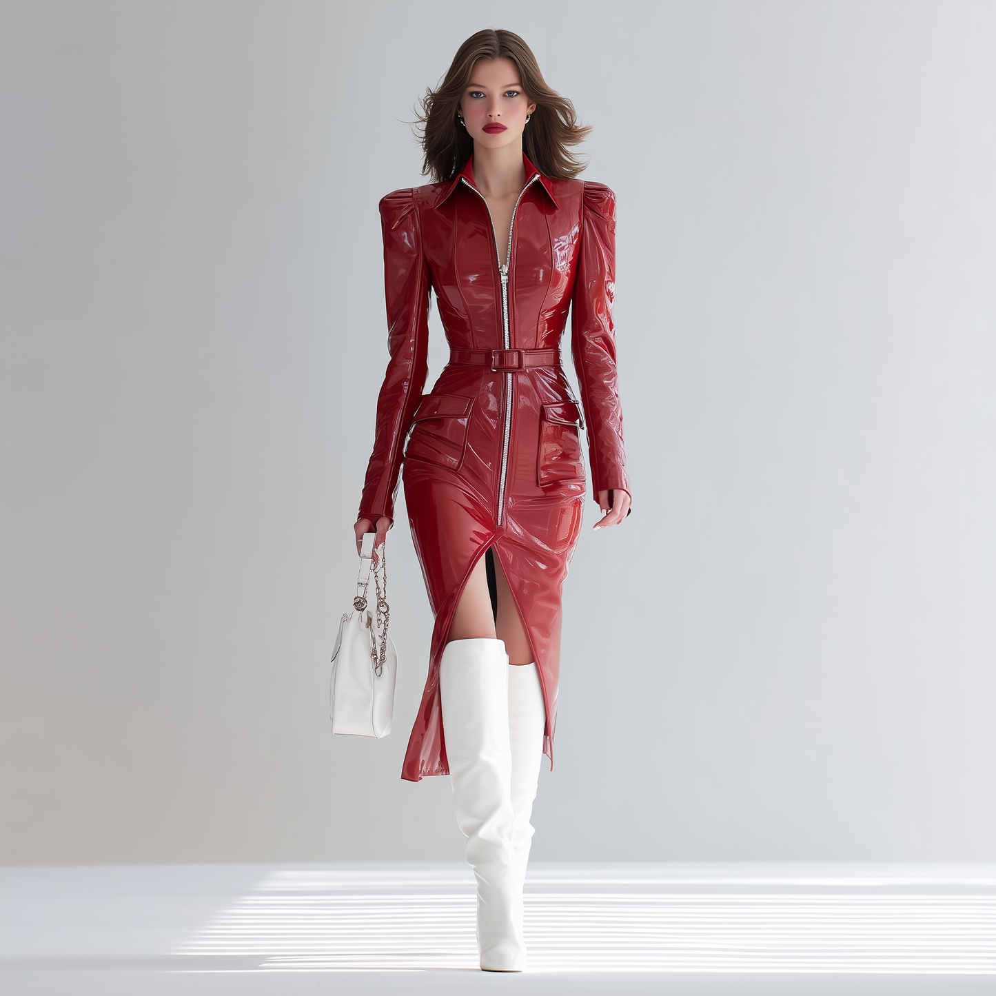 Designer Red Pu Style Lapel Zipper Slit Slim Midi Dress