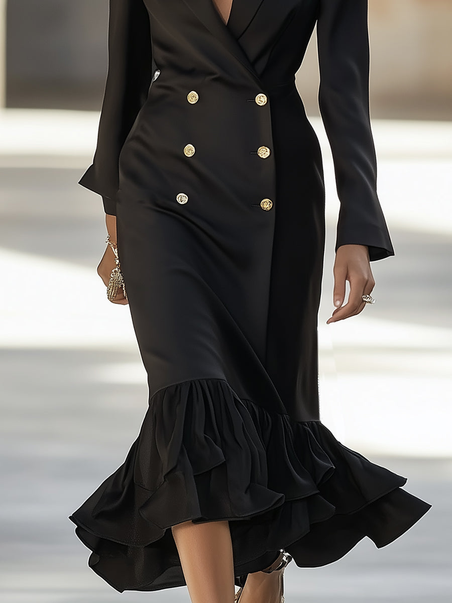 Elegant And Fashionable Black Satin Suit Collar Double-breasted Ruffled Long-sleeved Midi Dress