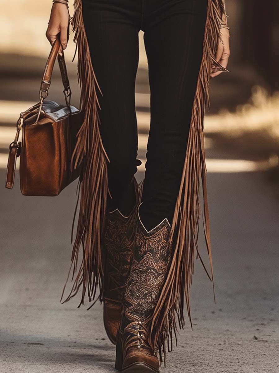 Casual Western Waist Side Fringe Detail Black Denim Cotton Pencil Pants