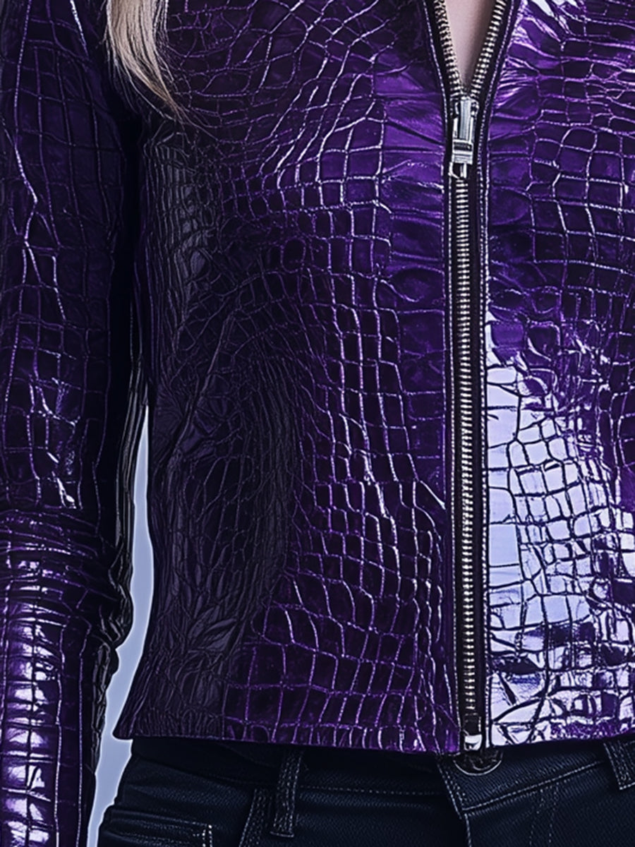 Designer Replica Purple Crocodile Leather Zippered Short Jacket