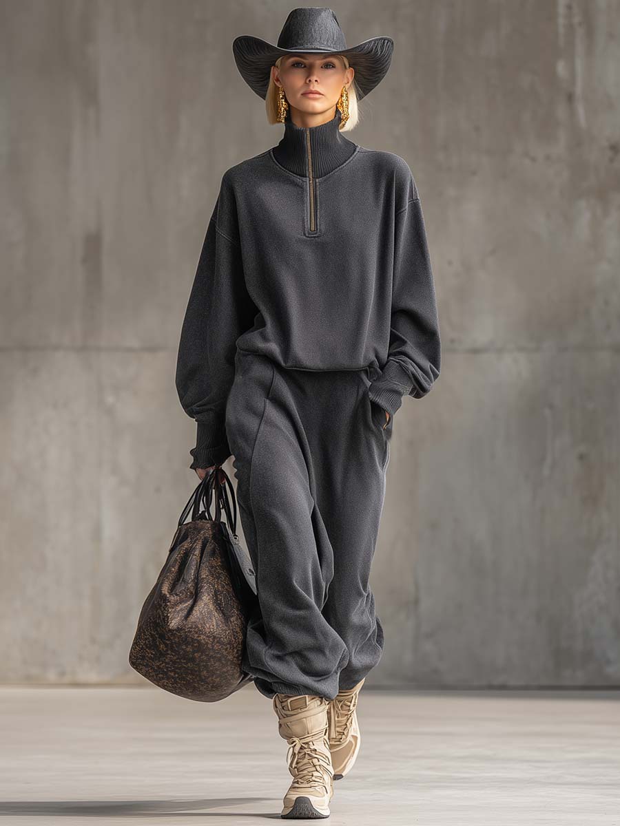 Casual Loose Fashion High Collar Front Zipper Dark Gray Sweatshirt And Skirt Set