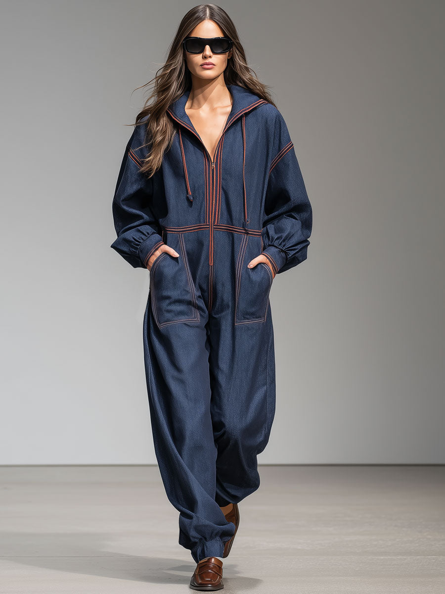 Casual Retro Navy Blue Denim Webbing Hooded Sports Jumpsuit
