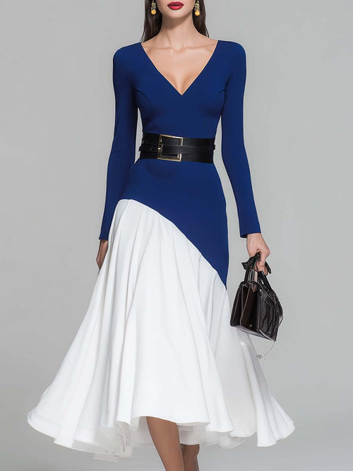 Elegant And Flowing V-neck Long-sleeved Dark Blue And White Contrasting Pleated Hem Midi Dress