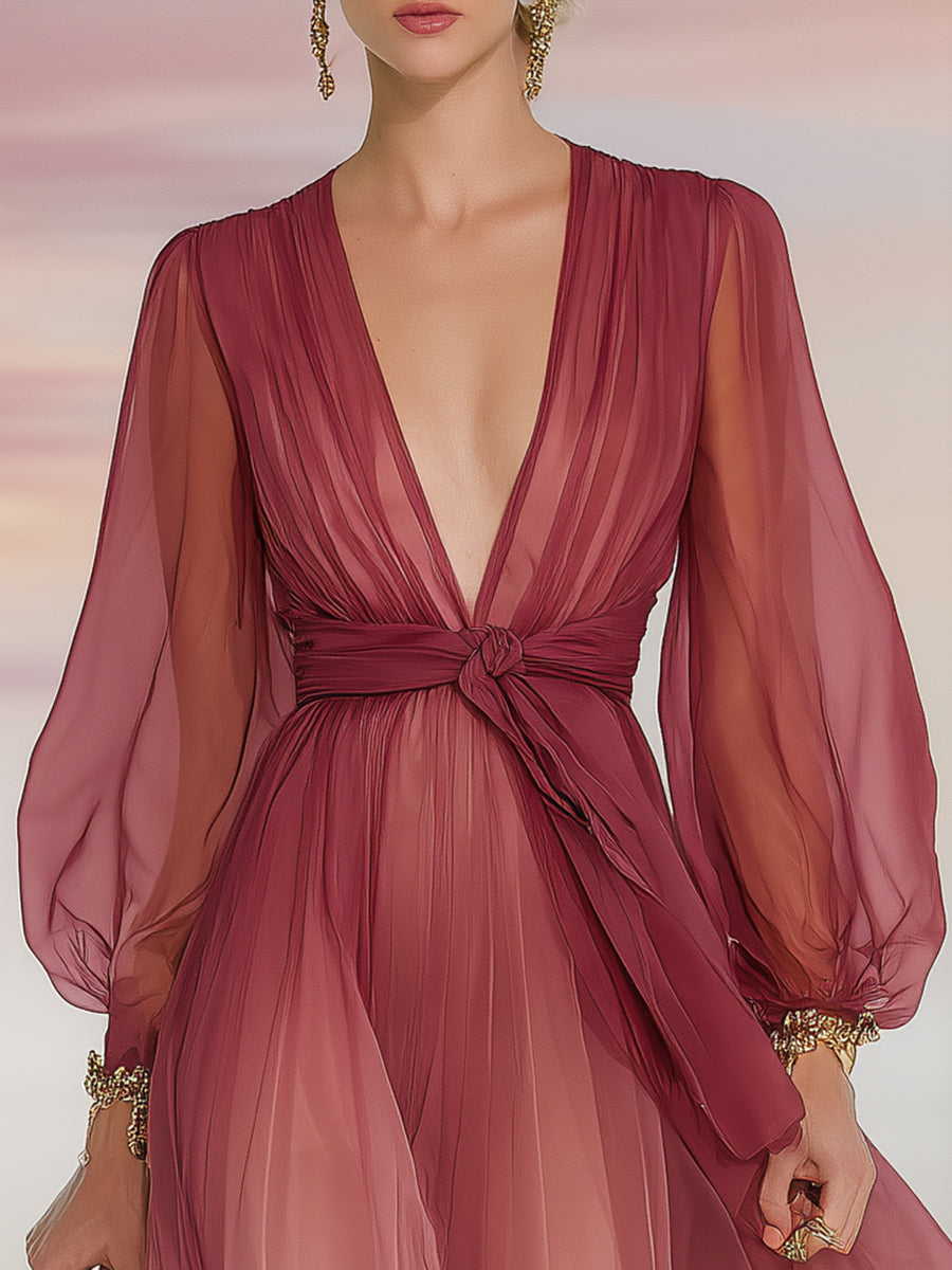 Elegant And Flowing Red Beige Gradient V-neck Chiffon Long-sleeved Maxi Dress