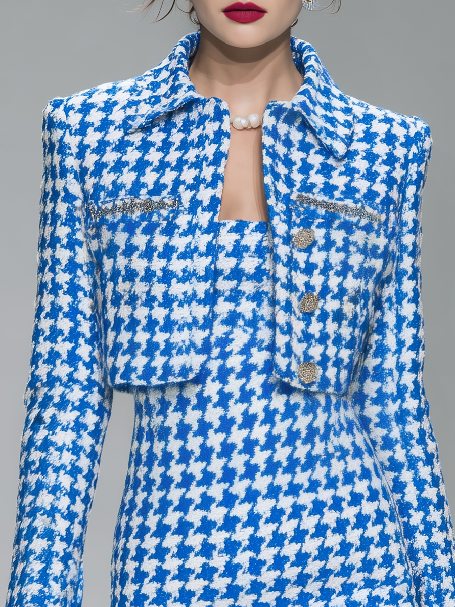 Elegant Houndstooth Knitted Jacket And Sleeveless Knitted Dress Set
