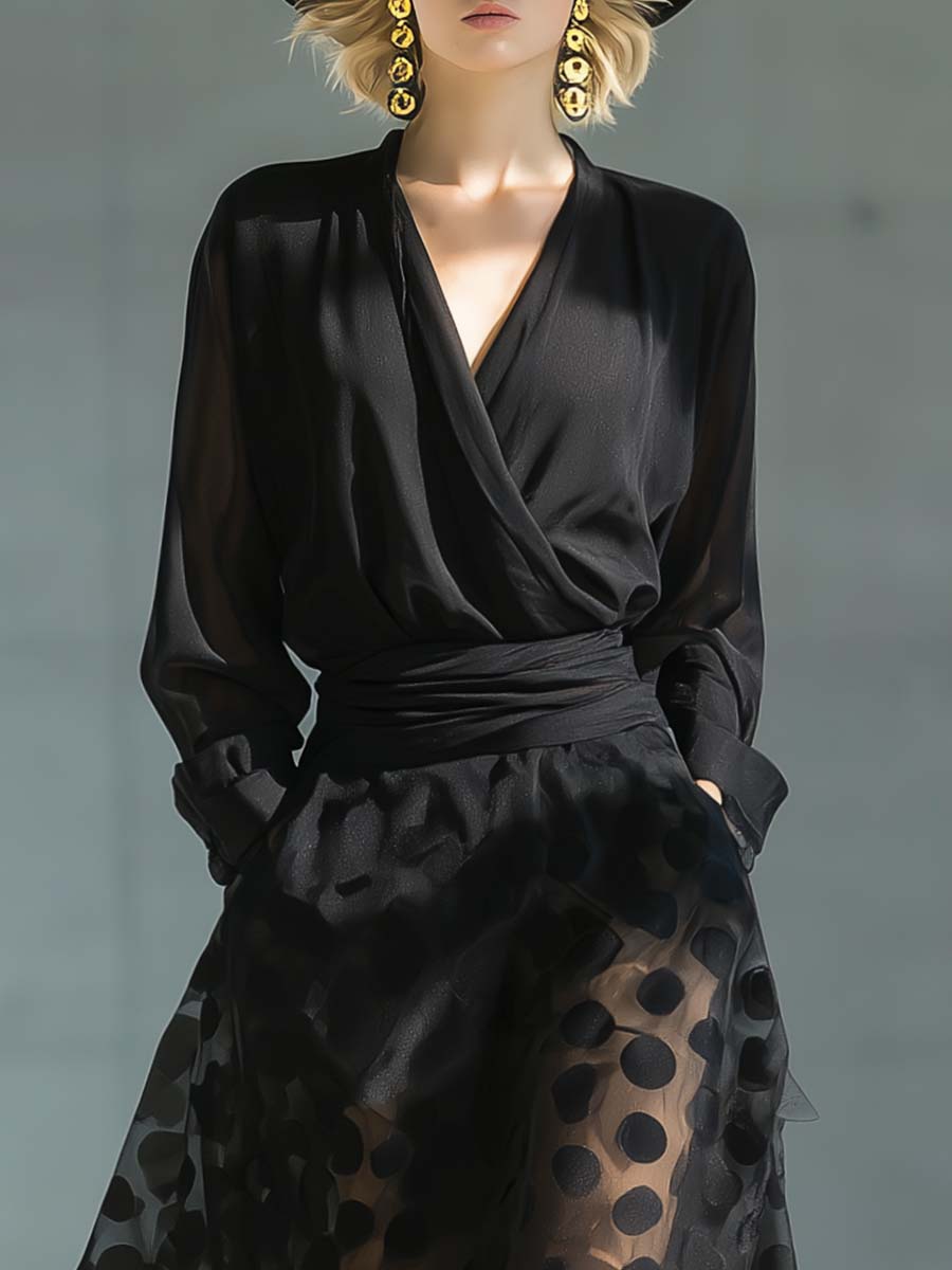 Classic Fashion V-neck Long Sleeve Polka Dot Mesh Hem Black Chiffon Maxi Dress