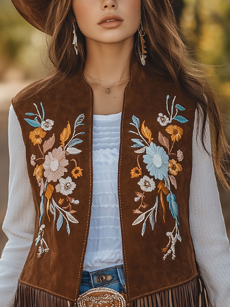 Chaleco retro de gamuza con bordado floral estilo occidental