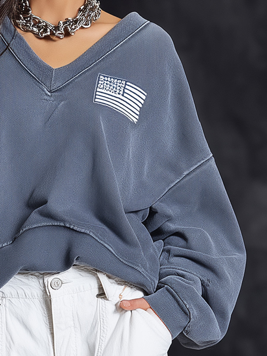 Casual Loose V-neck Grey Short Sweatshirt
