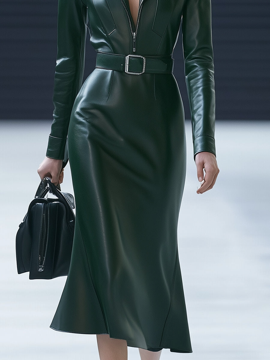Elegant And Fashionable Dark Green Eco-friendly Faux Leather Lapel Zipper Midi Dress