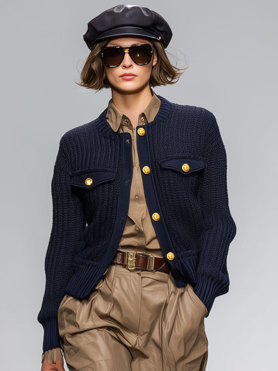 Casual Loose Metal Button Navy Blue Knitted Jacket Cardigan
