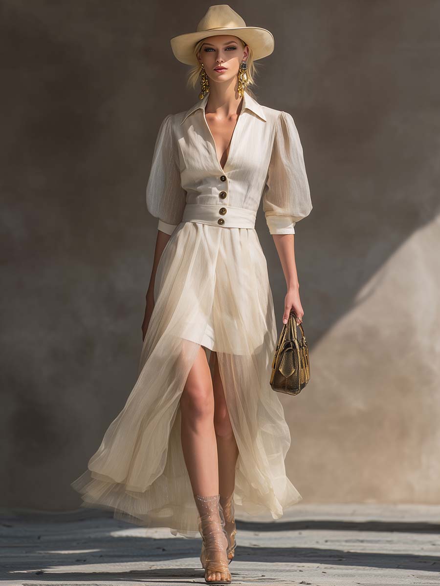 Exquisite Casual Western Front Button V-neck Cover Organza Hem Off-white Cotton And Linen Maxi Dress