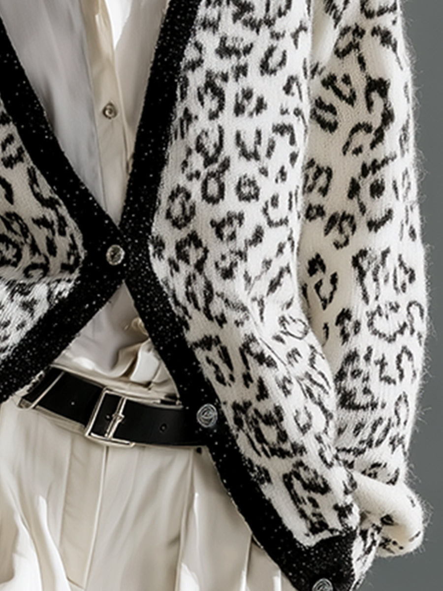 Casual And Fashionable White Leopard Print Button Cardigan