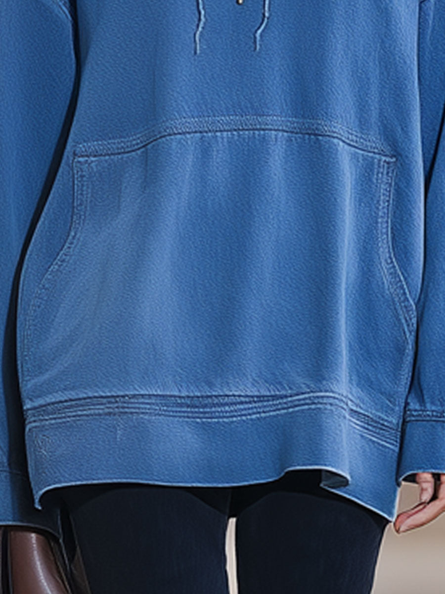 Casual Vintage Blue Denim Pocket Hoodie