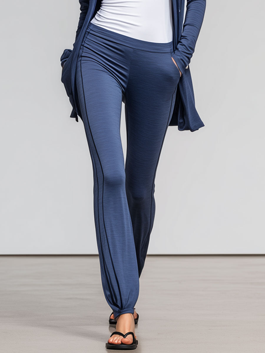Casual Stretch Lycra Blue Hooded Tapered Pants Sports Yoga Set