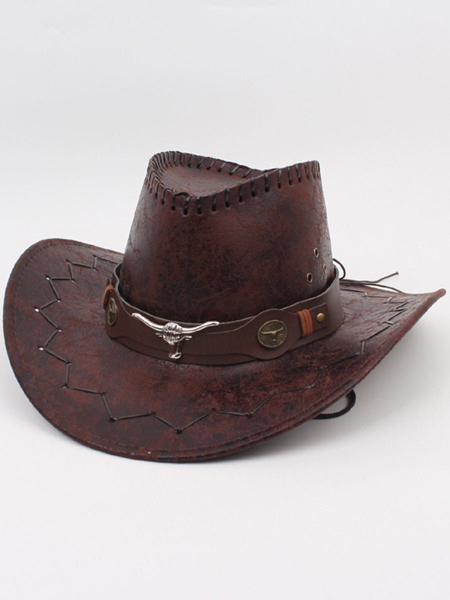 Cracked PU Leather Western Cowboy Hat Outdoor Cow Head Sun Hat